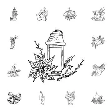 Bird, flower, lantern vector illustration in color and outline sketch style o Illustration