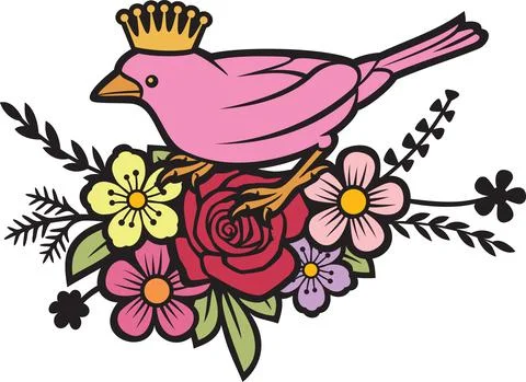 Bird in flowers with crown Stock Illustration