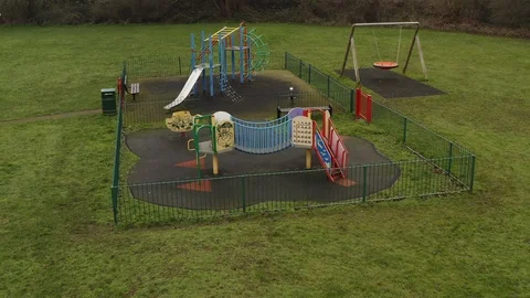 Bird fly view over empty colorful  playground Video stock 123680560
