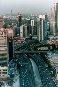 Bird fly view on sunset tel aviv modern city in Israel Stock Photos