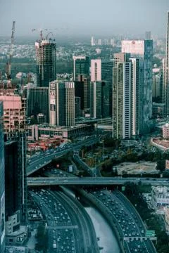 Bird fly view on sunset tel aviv modern city in Israel Stock Photos