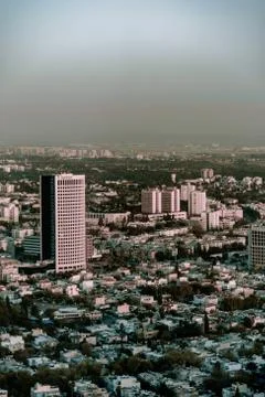 Bird fly view on sunset tel aviv modern city in Israel Stock Photos