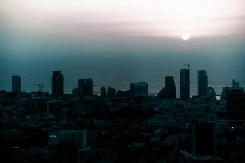 Bird fly view on sunset tel aviv modern city in Israel Stock Photos