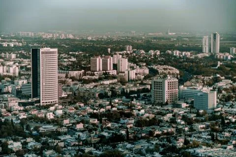 Bird fly view on sunset tel aviv modern city in Israel Stock Photos