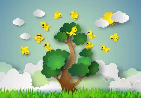 Bird flying around a tree . Stock Illustration