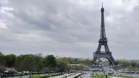 Bird flying over Eiffel tower in paris france on dark cloudy sky Stock Footage 314298286