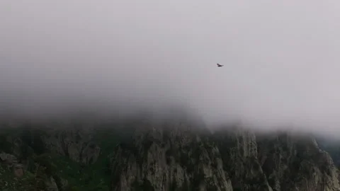 Bird flying over mountain peaks through fog Vídeo Stock 289541702