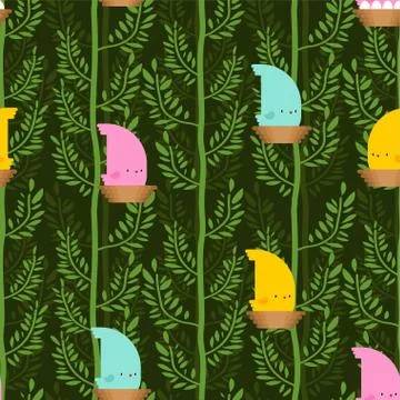 Bird in Forest pattern cartoon. Birdie on tree background. Baby cloth texture Stock Illustration