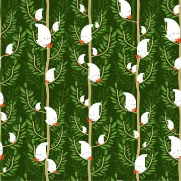 Bird in Forest pattern cartoon. Birdie on tree background. Baby cloth texture Stock Illustration