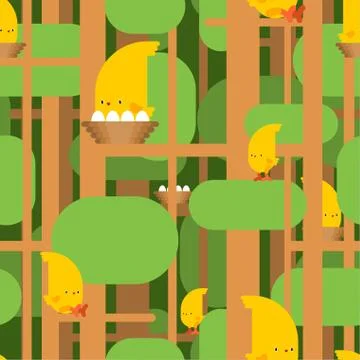 Bird in Forest pattern cartoon. Birdie on tree background. Baby cloth texture Illustrazione stock