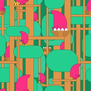 Bird in Forest pattern cartoon. Birdie on tree background. Baby cloth texture Stock Illustration