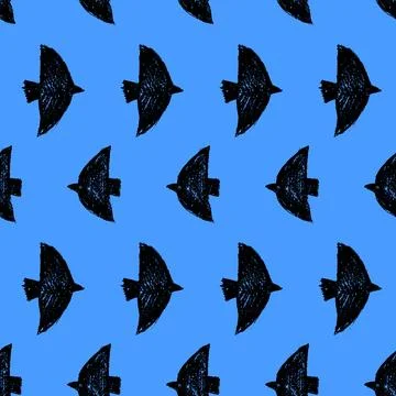 Bird grunge seamless pattern with ink charcoal crayon on blue background. Black Stock Illustration