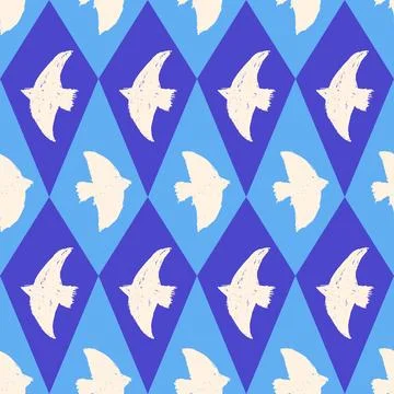 Bird harlequin seamless pattern with cream silhouettes on blue argyle rhombus. Ilustración de archivo