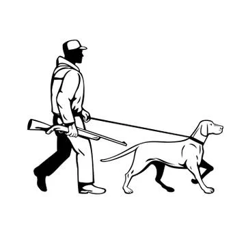 Bird Hunter and Hungarian Pointer Dog Walking Side View Retro Black and White Stock Illustration