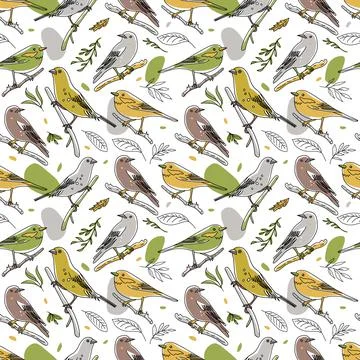 Bird illustration seamless pattern. Collection of cute hand drawn bird doodles Stock Illustration