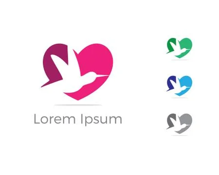 Bird logo vector design, humming bird in heart icon. Stock Illustration