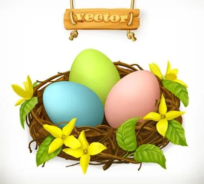 Bird nest, Easter eggs and spring flowers. 3d vector icon Stock Illustration