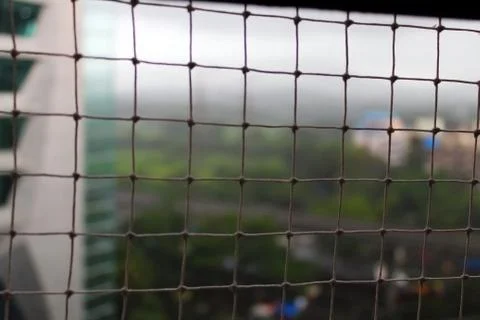 Bird net outside the sliding window with an out-of-focus view of the background Stock-Fotos