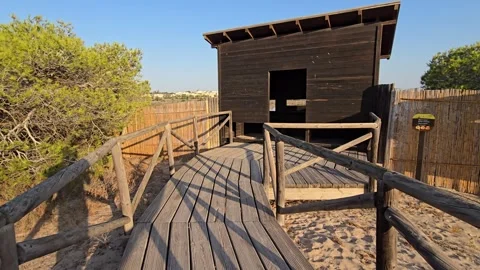 Bird observation hide built of wood on sandy soil in a Spanish park, filmed.. Stock Footage 316888582
