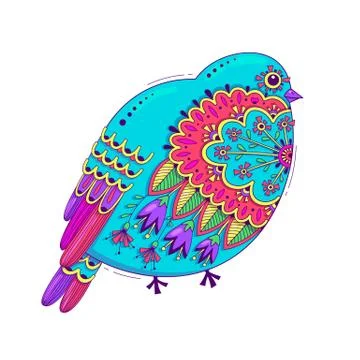 Bird with oriental patterns and flowers. Bright happy design element. Vector Stock Illustration