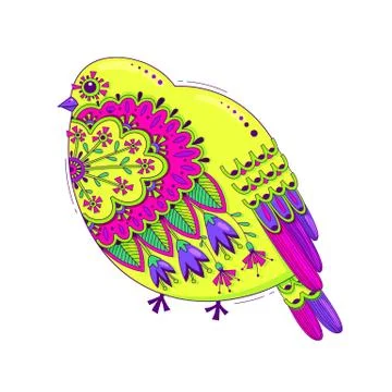 Bird with oriental patterns and flowers. Bright happy design element. Vector Stock Illustration
