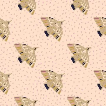 Bird ornament seamless doodle pattern. Beige elements on soft pink dotted bac Stock Illustration
