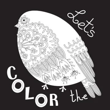 Bird with patterns and flowers. Coloring book page. Vector illustration Stock Illustration
