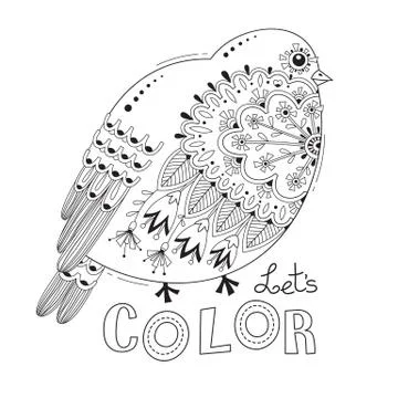 Bird with patterns and flowers. Coloring book page. Vector illustration Stock Illustration