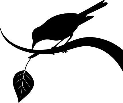 Bird Perched on a Branch with Single Leaf Silhouette Stock Illustration
