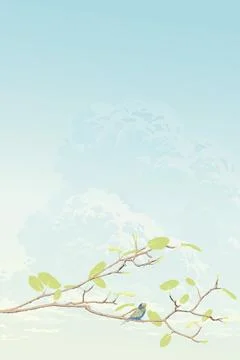 A bird perched on a tree branch with clouds and blue sky vertical backgroun.. Stock Illustration