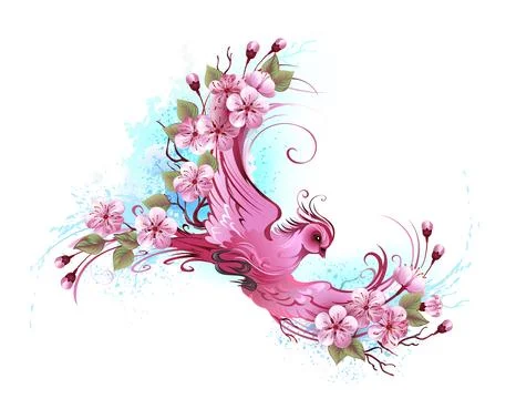 Bird with pink sakura Stock Illustration