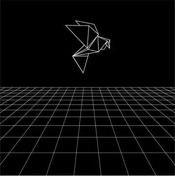 Bird polygonal lines on the Synthwave vaporwave, perspective grids Ilustración de archivo
