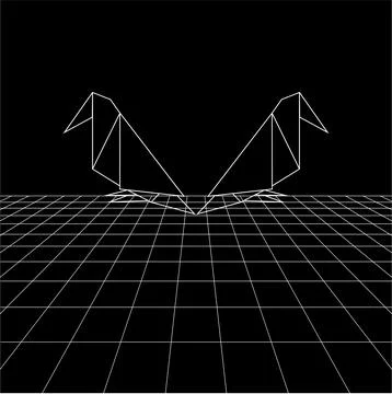 Bird polygonal lines on the Synthwave vaporwave, perspective grids Ilustración de archivo