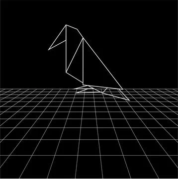Bird polygonal lines on the Synthwave vaporwave, perspective grids Ilustración de archivo