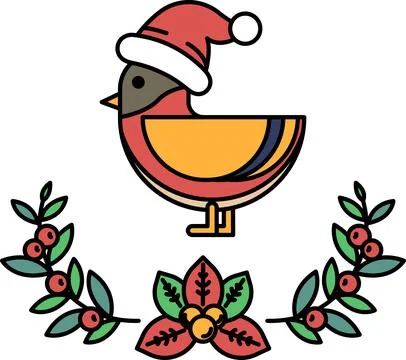 A bird with a red hat on its head is sitting on a wreath of leaves Stock Illustration