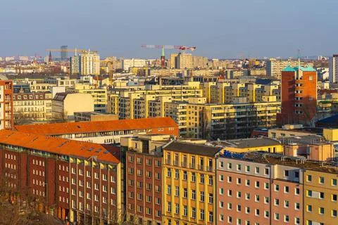 A bird s eye view of the central districts of Berlin in the evening sun. B... Stock Photos
