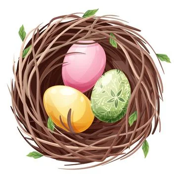 Bird s nest with Easter eggs on a white background. Spring illustration for.. 스톡 일러스트