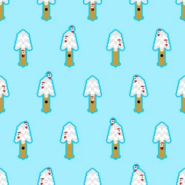 Bird Santa on tree pattern seamless. Christmas background. Winter forest ba.. Stock Illustration