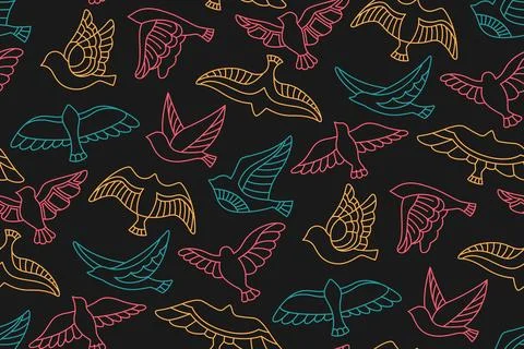 Bird seamless pattern abstract graphic ornament boundless doodle art linear Stock Illustration