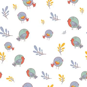 Bird seamless pattern. Background with cute hand drawn bird doodles. on white Stock Illustration