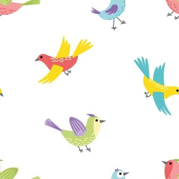 Bird. Seamless pattern with colorful bright birds. Flat, cartoon, vector Stock Illustration