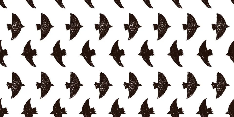 Bird seamless pattern with monochrome crayon charcoal scribble for print. Cute 스톡 일러스트