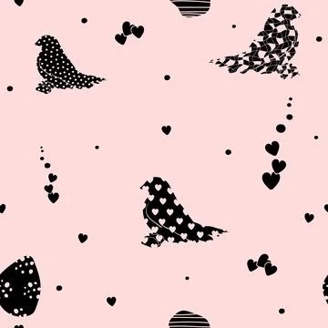 Bird seamless pattern. Print with abstract texture, polka dots and hearts. Stock Illustration
