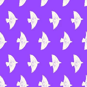 Bird seamless pattern on purple violet background with white chalk crayon. Neon Illustrazione stock