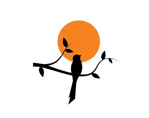 Bird silhouette on branch on sunset, vector Stock Illustration