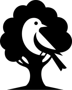 Bird Silhouette on Tree with Rounded Canopy 스톡 일러스트