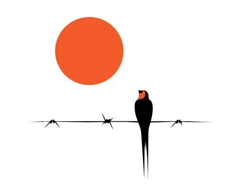 Bird silhouette on wire and sun illustration, vector. Мinimalism art design Stock Illustration