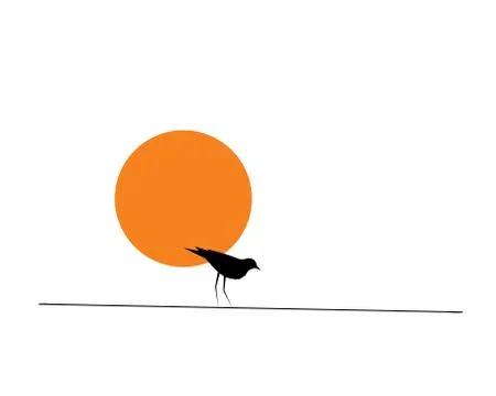 Bird silhouette on wire on sunset, vector Stock Illustration
