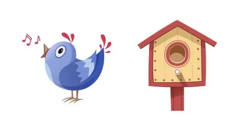 Bird sing song and nesting box. Vector illustration, Eps10 Isolated white bac Stock Illustration