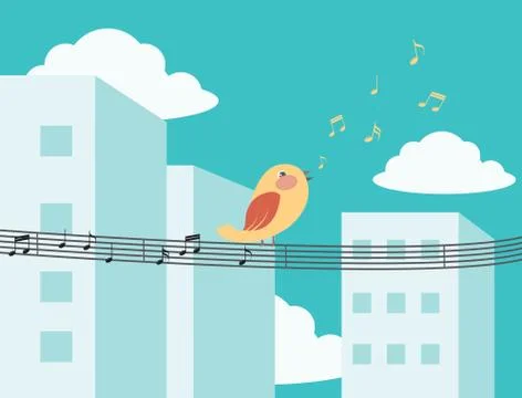 Bird singing in the city with melody notes Stock Illustration